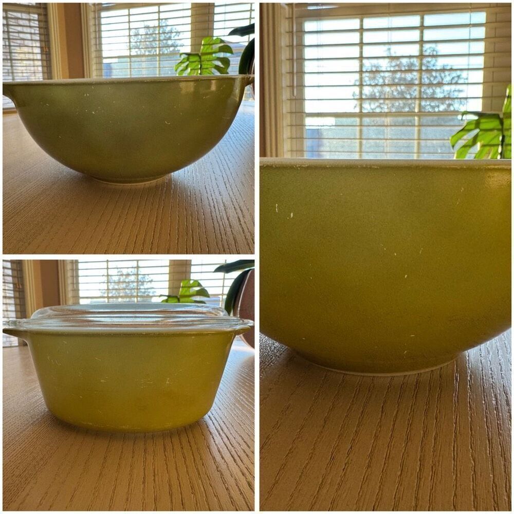 Pyrex vintage 70’s Cinderella Avocado green Cinderella mixing bowl casserole dis